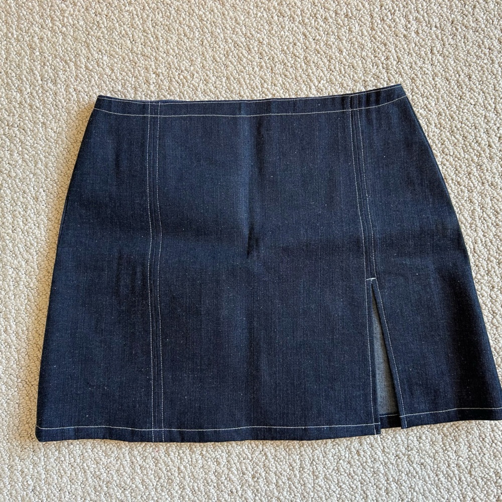 Maison Cleo Sophia denim mini skirt, high slit, never worn, size Fr 36